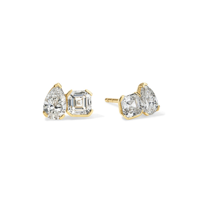 Asscher and Pear Diamond Toi et Moi Studs