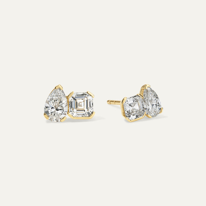 Asscher and Pear Diamond Toi et Moi Studs
