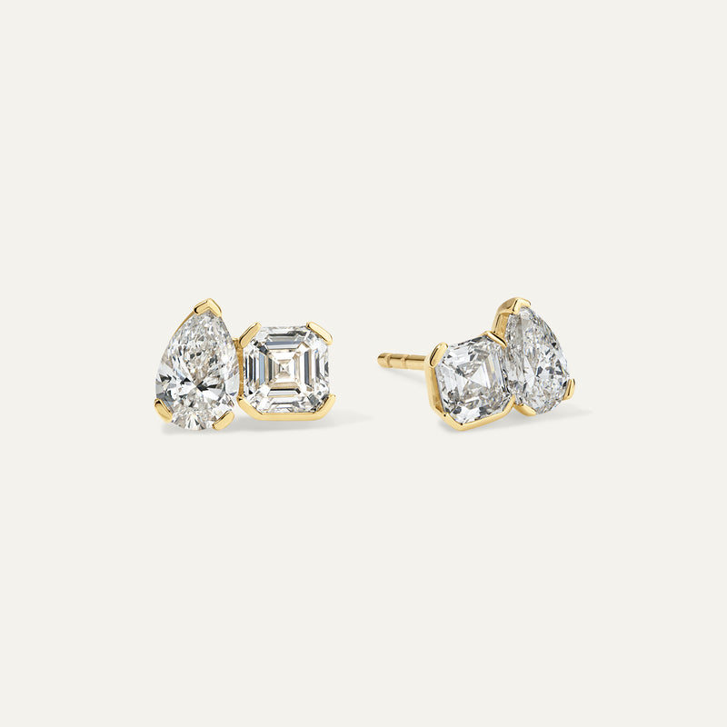 Asscher and Pear Diamond Toi et Moi Stud Earrings